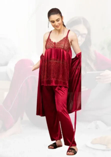 3 Pcs Nighty Beautiful Bridal, Bridal Night Suit, Long Nighty For Ladies, Nighty Set for Women, Silk Gown, Inner Dress and Trouser, Night Wear for Women/girls, Night Dress for girls and women - Image 3